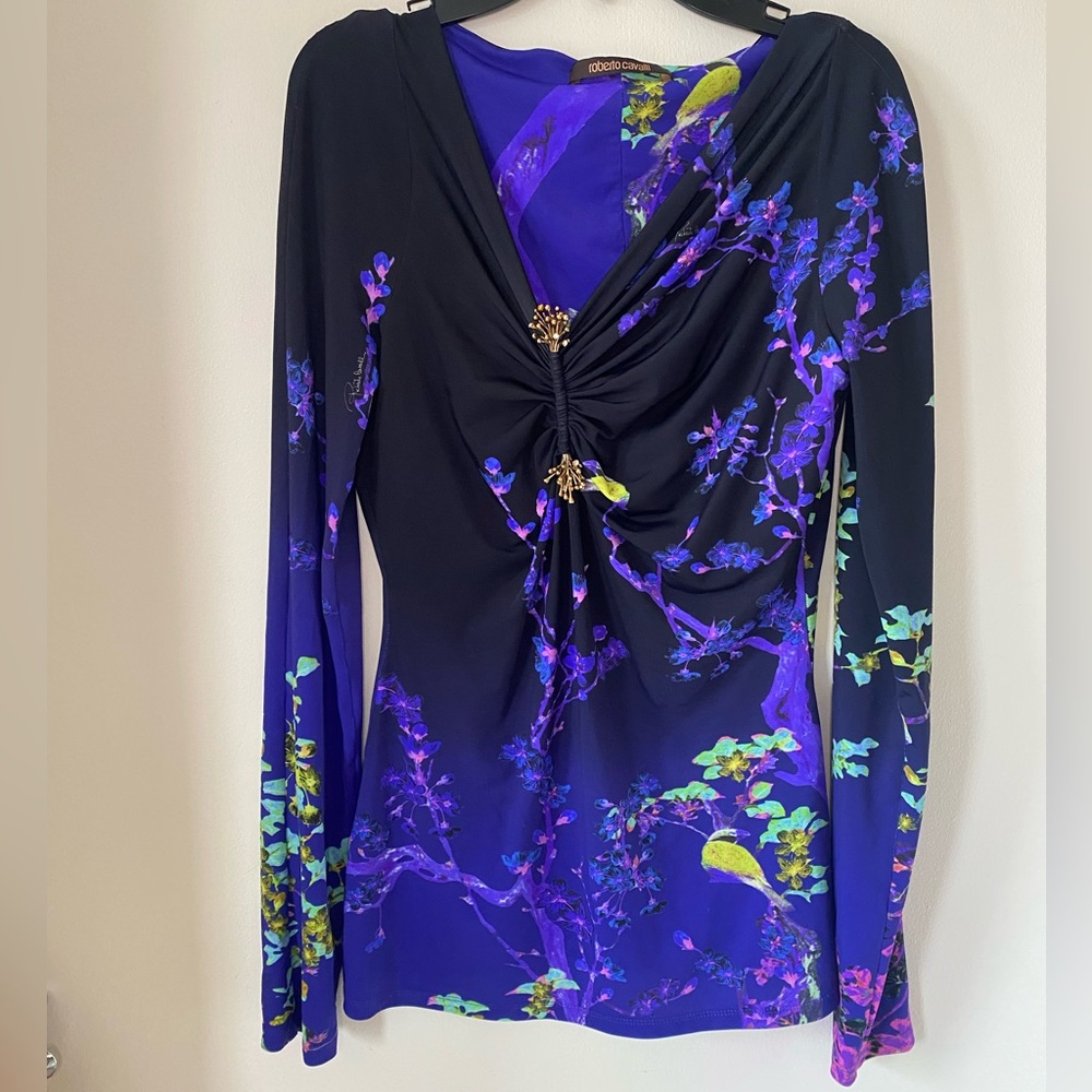 Roberto Cavalli Purple Floral Print Jersey Ruched Top - Picture 2 of 9